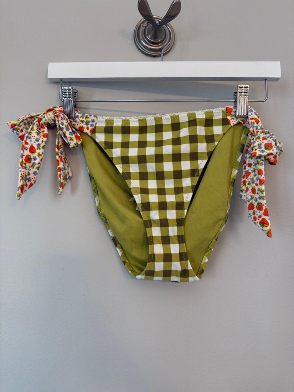 Green Gingham Tie-Side Bikini Bottom with Floral Ties